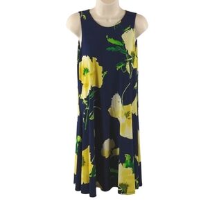 Ann Klein sleeveless navy and yellow floral print dress